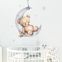 Wall Stickers Cartoon Teddy Bear Sleeping on the Moon and Stars Wall Stickers for Kids Room Baby Room Decoration Wall Decals Room Interior 230329