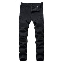 Men's Jeans Men's Biker Jeans Black White Pleated Denim Pants Plus Size Slim Straight Classic Trousers 230329