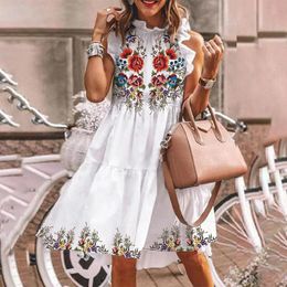 Casual Dresses Vacation Floral Printed Dress Summer Elegant Short Women Butterfly Sleeve Ruffled Neck A-line FemaleCasual