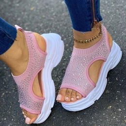 Dress Shoes 2023 Women's Wedge Sandals Fashion Stretch Fabric Knitted Beach Peep Casual Rhinestone Walking Slip-On Sandalias Mujer