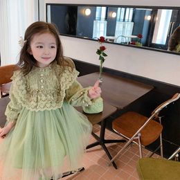 Girl's Dresses Korean Style New Spring Autumn Kids Girl Dress Long Sleeves Green Lace Mesh Patchwork Princess Dress Child Clothes E22040