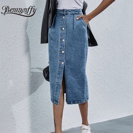 Skirts Benuynffy Single Breasted Knee Length Denim Women Streetwear Casual Pocket High Waist Straight Jeans 230329