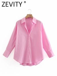 Women's Blouses Shirts Zevity Women Simply Candy Color Single Breast Poplin Shirt Office Women's Long Sleeve Shirt Roupas Chic Chemistry Tops LS9114 230329