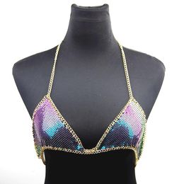 Chains Cool Sexy Mesh Sequin Bra Bikini Bodychain NiWomen Statement Metal Bralette Beach Harness Necklaces Jewelry