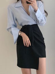 Two Piece Dress Shirt set two-piece skirt female blouse asymmetrical draped skirt fashion casual office suit shirt top Shirt set Long sleeve 230329