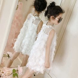 Girl's Dresses Summer Girls Dress New Princess Style Back Bow Feather Chiffon Mesh Teens For 7 9 11 13 Years Big Children Clothing