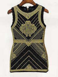 Casual Dresses HIGH STREET 2023 Est Fashion Designer Dress Women's Sleeveless Metal Rivet Beaded Tweed