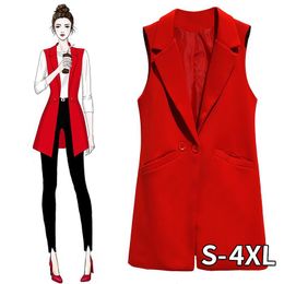 Women's Vests Women Long Suit Vest S-4XL Size Sleeveless Jacket Red Solid Color Black Office Lady Tops Waistcoat With PocketWomen's