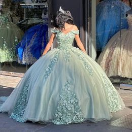 Ball Lace Princess Sage Gown Quinceanera Dresses Sweet 16 Dress 2023 Off Shoulder Flowers Appliques Beads Vestidos De Xv Anos