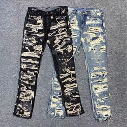 Men's Jeans Fashion Fried Street Exaggeratedly Taped Slim Straight Pants Embroidered Patch High Work Wash Casual Man 230329