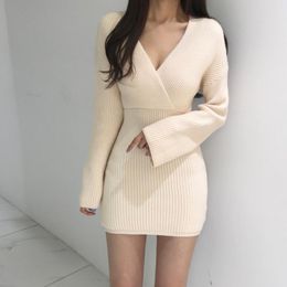 Casual Dresses 2023 Autumn Elegant Knitted Sweater Dress Women Chic French Style Criss-Cross V-Neck Sexy Solid Ladies Bodycon Vestidos