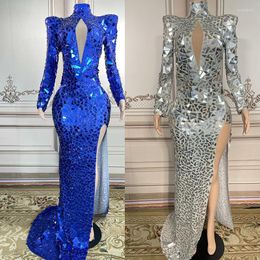 Stage Wear Sparkly Blue Silver Mirrors Long Dress Birthday Celebrate Costumes Evening Training Dresses Women Show Outfit XS5741