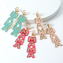 Long Handmade Beaded MAMA Letter Mother's Day Dangle Earrings for Women Vintage Creative Rice Bead Earrings Boho Jewelry Gifts