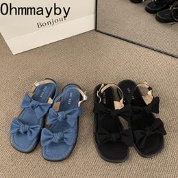 Slippers Summer Butterflyknot Women Sandal Fashion Denim Ankle Strap Flats Shoes Ladies Elegant Outdoor Gladiator Sandalias 230329