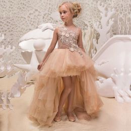 Girl Dresses High Low Flower For Weddings Ball Gown Tulle Appliques Beaded Long First Communion Little