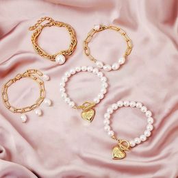 Bohemian Style Pearl Bracelet For Women Imitation Pearl Heart Pendant Beaded Bangles Wedding Bridal Bracelet Party Jewelry Gifts