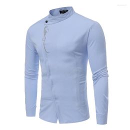 Men's Casual Shirts Autumn Style Shirt Fashion Diagonal Placket Embroidery Decoration Men's Solid Single Breasted Long Sleeve Stand