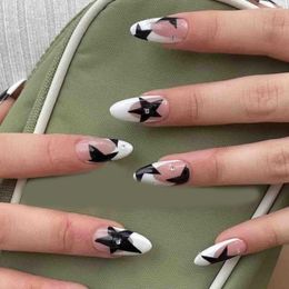 False Nails 24Pcs Long Almond Black Lines Star Fake With French White Edge Press On Manicure Detachable Nail Tips