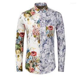 Men's Casual Shirts Minglu Blue Floral Digital Printed Men's Luxury Long Sleeve Four Seasons Slim Party Male Dress Man