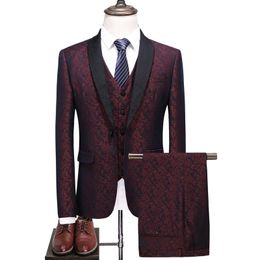 Men's Suits Dark Red Flower One Button Suit (Jacket Vest Pants) Men 2023 Stage Party Weeding Tuxedo Blazer Mens Terno Masculino & Blazers