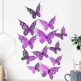 Wall Stickers 12pcs 3D Hollow Butterfly Wall 3 Sizes Butterfly Decor Hollow Carving Butterfly Exquisite Design Party Cake Decorations 230329