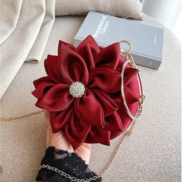 Evening Bags Red Flower Clutch Purse Women Round Bag Crystal Diamond Wedding Silk Handbag Exquisite Chain Shoulder FTB154 230329