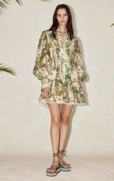 Casual Dresses Women Hollow Out Embroidery Long Lantern Sleeve Green Floral Print Mini 100% Ramie Dress 230329