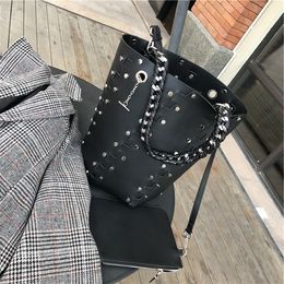 Evening Bags Designer Rivets Large Bucket Women Purses and Handbags Female High Quality Shoulder Messenger Black Hollow Out 230329