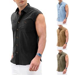 Men's Casual Shirts Cotton Linen Men's Shirt Sleeveless Fashion Man Blouses linen Top Male Shirts Blouse Basic hombres Tops Beach Men Clothing 230329