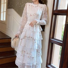 Casual Dresses JSXDHK Vintage Layer Ruffles Lace Maxi Dress Runway Spring Women White Floral Embroidery Long Dress Hollow Out Cake Party Dress 230329
