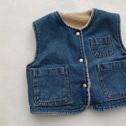 Waistcoat 4383B Korean Baby Denim Vest Winter Add Velvet Boy's Denim Vest Solid Colour Casual Boy Waistcoat Tops 230329