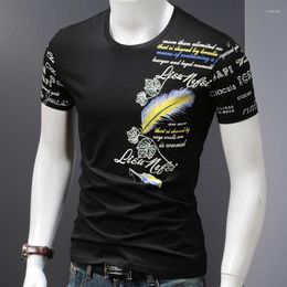 Men's T Shirts Short Sleeve T-Shirt Casual Feather Print Tshirt Stretch Cotton O-Neck Summer Black Tops Tees Letter Graphic Clothing