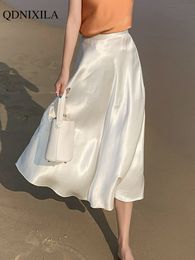 Skirts Summer Women's Fashion Elegant Acetic Acid Fabric Midi Length High Waist Streetwear Satin Thin White Woman Skirt 230329