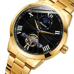 Wristwatches Golden Black Tourbillon Automatic Self-wind Mechanical Watch Men Roman Numeral Moonphase Clock Male Stainless Steel Wristwatch