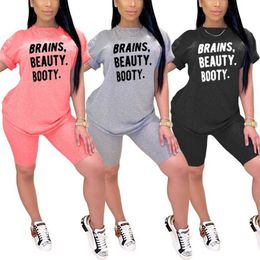 Women's Tracksuits Women Casual 2-piece Yoga sets Female Short Sleeve Letter Print T-shirt and Solid Colour Shorts Sportswear Exercise Set 230329