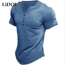 Mens TShirts Harajuku Cotton Henley Shirt for Men Solid Button Short Sleeve Tshirt Loose Casual Tops Men Male Clothing 230329