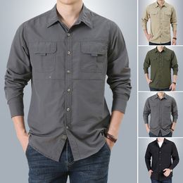 Men's Casual Shirts Men Long Sleeve Cargo Shirts Casual Solid Shirt Male Oversized Pocket Work Business Shirt Mens Military Hiking Shirt Man Clothes 230329