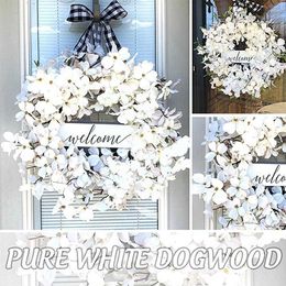 Decorative Flowers Wreaths Buffalo-plaid White Dogwood Spring With Welcome Sign Front Door Wall Hanging Ornament Garland For Home Easter Wreat U7N4 P230310