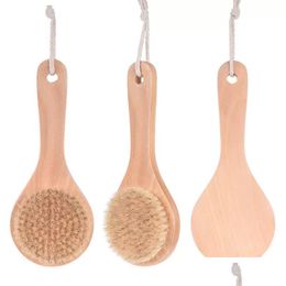 Bath Brushes Sponges Scrubbers Dry Body Brush Back Scrubber Antislip Short Wooden Handle Natural Bristles Shower Exfoliating Masr Dhcn3