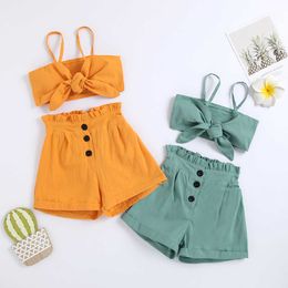 Clothing Sets 1-6Y Baby children 2PCS girls Stee Summer kick-ass robes in solid weather sleeves wearing tight pants New summer dress AA230328