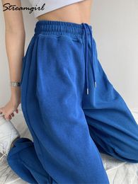 Womens Pants Capris Blue Sweatpants For Women Summer Baggy High Waist Jogger Wide Leg Trousers Spring Sports 230329