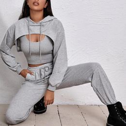 Women's Two Piece Pants Women's Track and Field Wear Hoodie Tank Top Trouser Set Solid Color Women's Clothing Athletic Track and Field Wear 230329