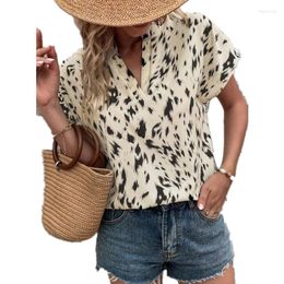 Women's Blouses Leopard Print Women Casual Short Sleeve V-Neck Shirts Elegant Loose Clothes Summer Fashion Tops