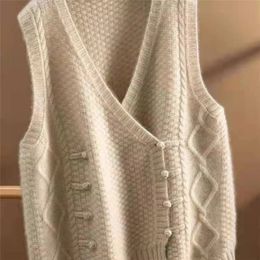 Women's Vests Knitted Tank Top Women's Top Chinese Style Disc Button Loose Gilded V-Neck Sleeveless Sweater Chaleco Sleeveless Fashion Casual Tank Top 230329