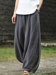 Women's Pants Capris Cotton Linen Style Bloomer Wide Leg Pants Women's Vintage Full Length Elegent Pants Solid Elastic Waist Spring Autumn 5XL 230329