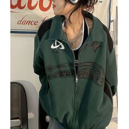 Women's Hoodies Sweatshirts Deeptown Retro Oversized Women's Sweatshirt Grunge Y2k Korean Street Apparel Green Black Zip Hoodie Women's Hip Hop Fashion Top 230329