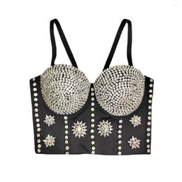 Women's Tanks Floral Rhinestone Rave Women Corset Top Nightclub Party Sexy Bustier Push Up Bra Sleeveless Vests White Coquette Clothes