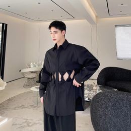 Men's Casual Shirts 2023 Black White Hollow Out Sexy Long Sleeve Shirt Mens Korean Fashion Loose Chic Designer Blouse