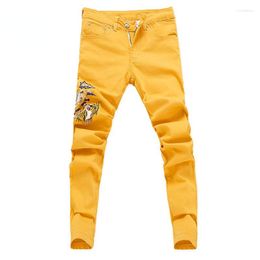 Men's Jeans 2023 Embroidered Men's Pants Solid Colour Fashion Tight Classic Perforated Slim Fit Pink Yellow Green Denim