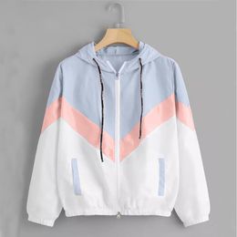 Women's Trench Coats Sandro River's Casual Colour Block Drawstring Fashion Hooded Windbreaker Jacket Autumn Coat Outerwear Raincoat 230329